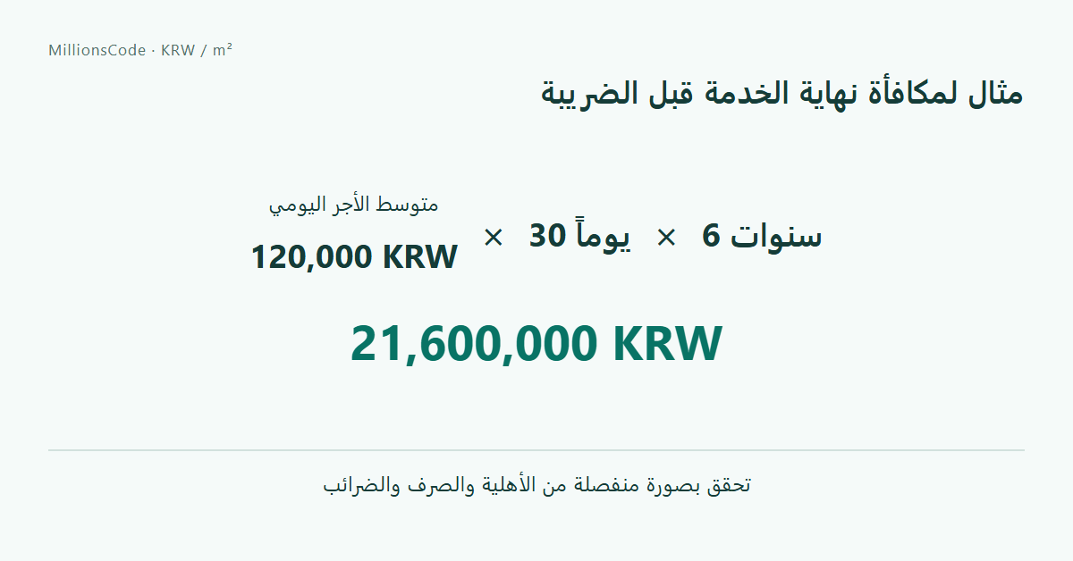 مثال لمكافأة نهاية الخدمة قبل الضريبة: 120,000 KRW × 30 × 6 = 21,600,000 KRW