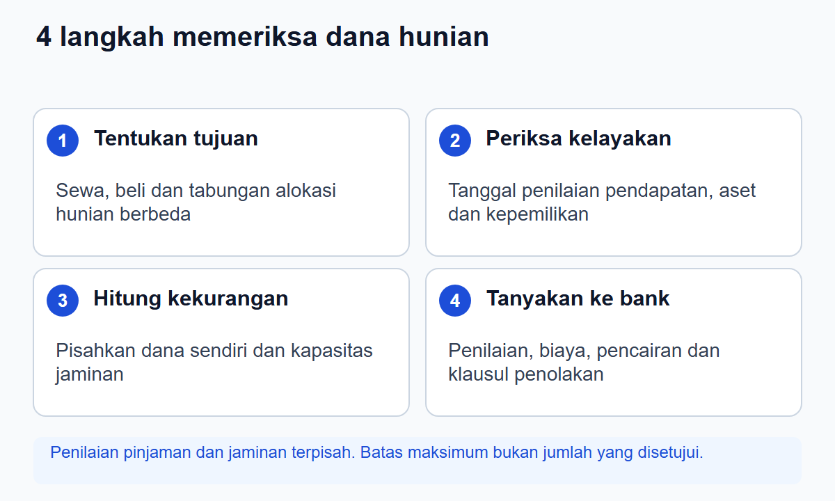 Empat langkah memeriksa dana hunian: tujuan, tanggal kelayakan, kekurangan dana dan konfirmasi bank. Pinjaman dan jaminan dinilai terpisah; batas maksimum bukan persetujuan.